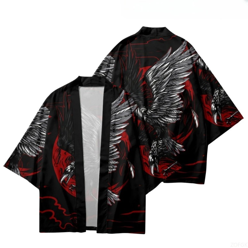Street Fashion Harajuku - Fashion Crow Printed Open Front Kimono